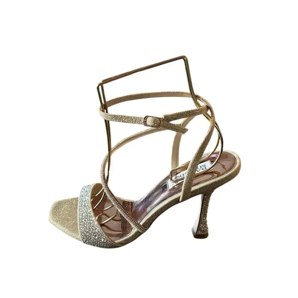 Badgley Mischka Sally Curvy Heel Stiletto Sandal Gemstone Plantino Gold NEW 10